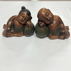Hand Carved Wooden Sleeping Child Figurines/Bookends.